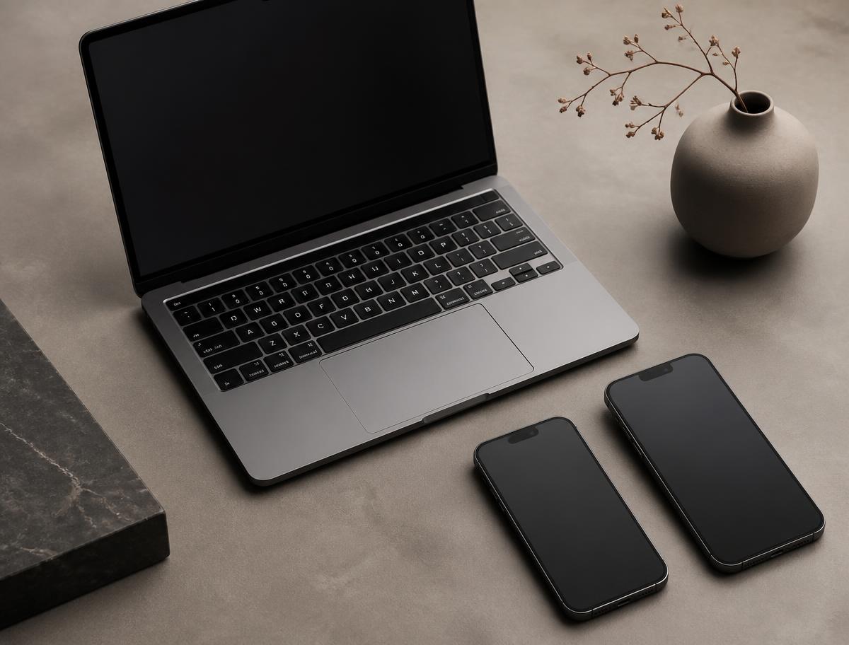 MacBook Pro and iPhone Pro devices arranged on a warm grey surface